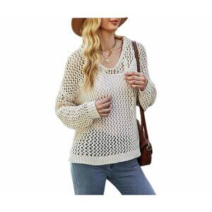 ❤️Nicole Miller Size XS Women's Sweater Hoodie top knitted mesh Cream hi-low New